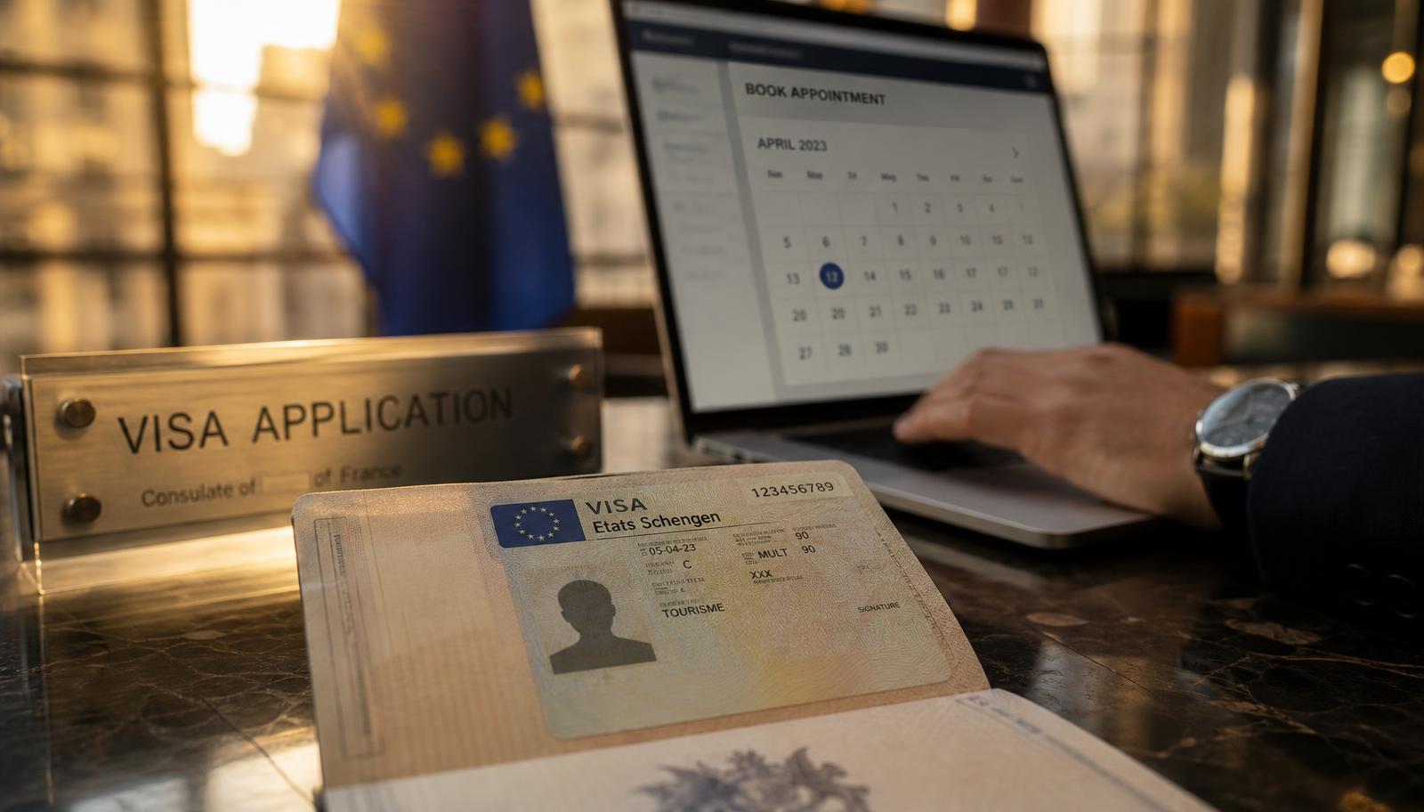 Schengen vize randevusu başvurusu: pasaport üzerinde Schengen vizesi ve randevu takvimi ekranı